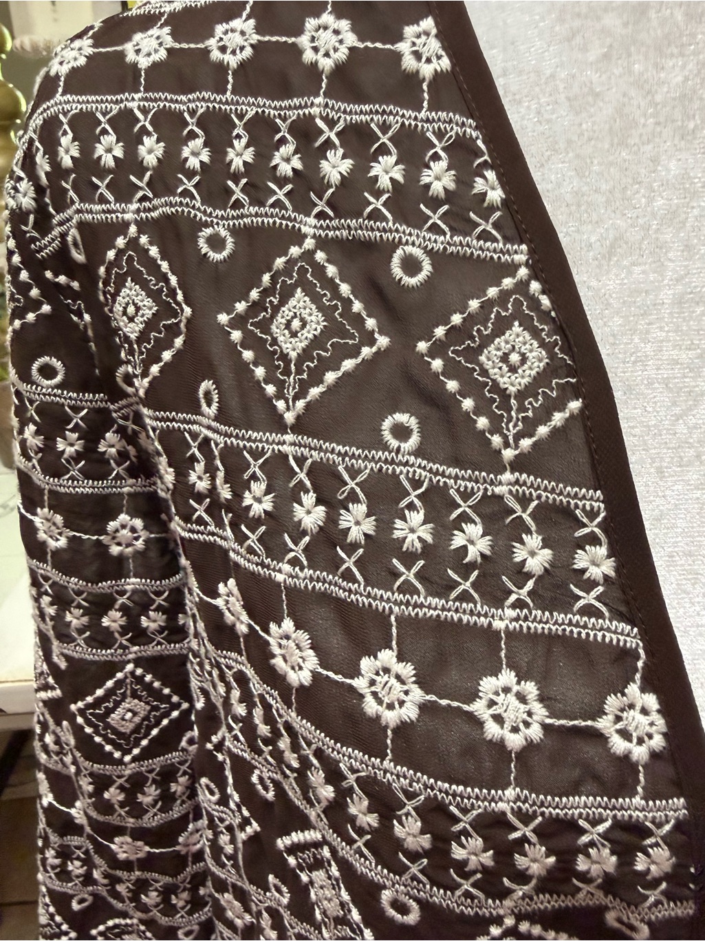 Chico's Brown And White Geometric Open Cardigan Medium — image 3 of 8